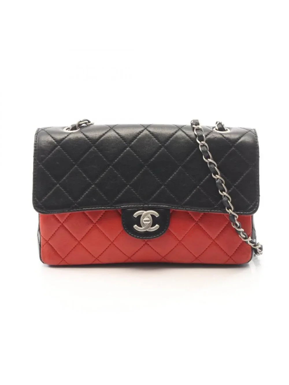 Chanel Shoulder Bag Quilted Single Flap Bicolor Black Red Lambskin Chain